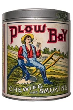Rare 1930s paper label “Plow Boy" 14oz humidor tobacco tin in excellent cond