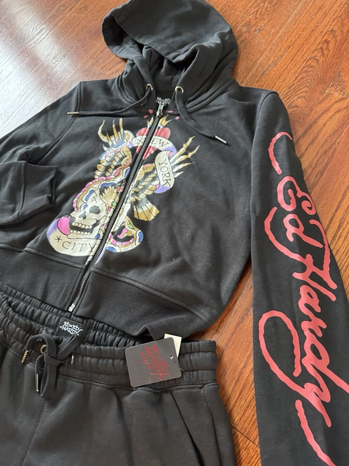 NUEVO CON ETIQUETAS ED HARDY Conjunto de 2 Pantalones con Capucha para Mujer XL Negro Calavera Tatuaje Y2K Recortado Foto 4 de 4