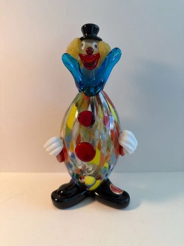 Vintage Murano Millefiori Art Glass Clown Figurine with Original Label Made in I