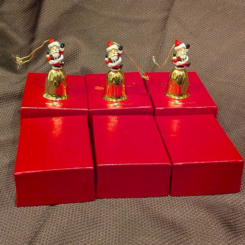 Vintage Camerlane 24kt Gold Finish Santa Bell Christmas Ornaments Set of 3 W/Box