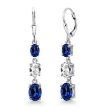 925 Sterling Silver Created Sapphire 3 Stone Dangle Earrings For Women 6.40