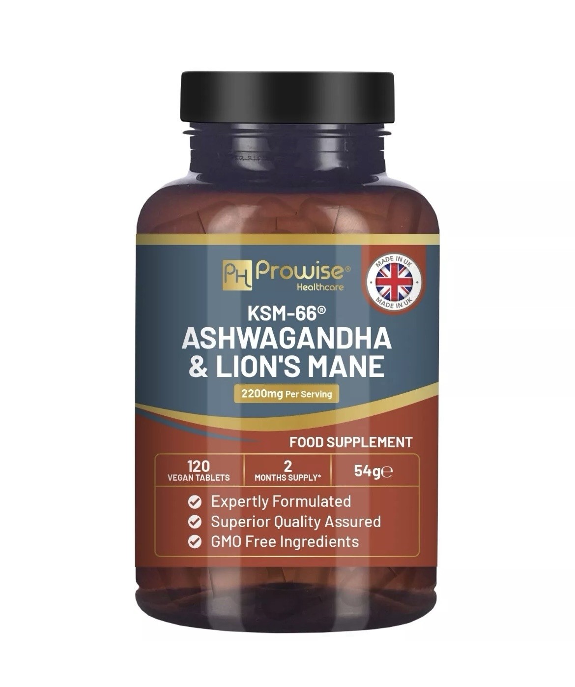 KSM-66 Ashwagandha and Lions Mane Tablets - High Strength 2200mg