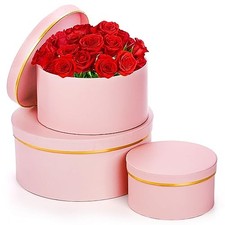 3 Pcs Round Gift Boxes with Lid, Pink Flower Box with Golden Rim Nested Party