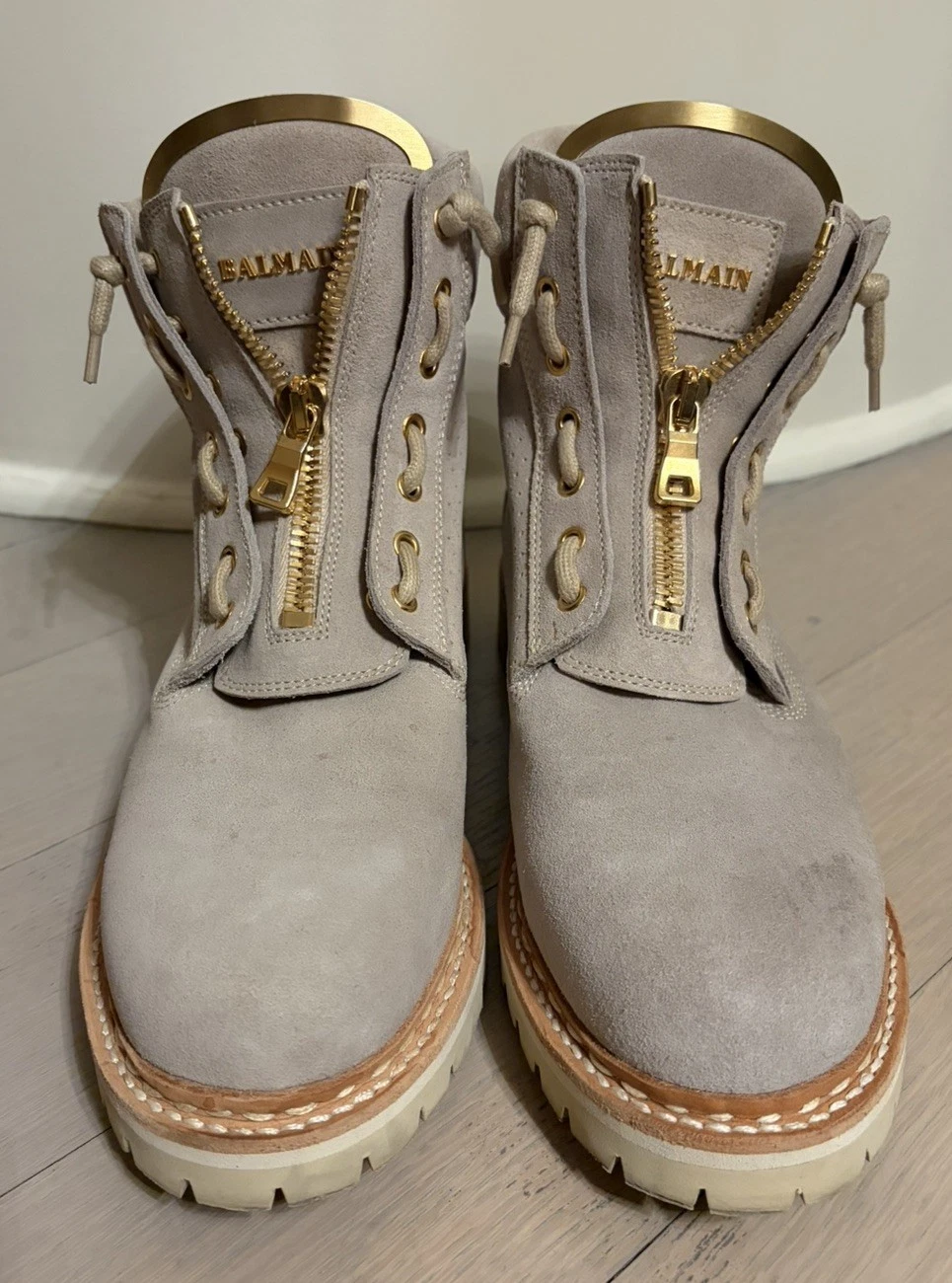 Balmain — Balmain Taiga Gray Suede Boot With Gold Accents Size 41
