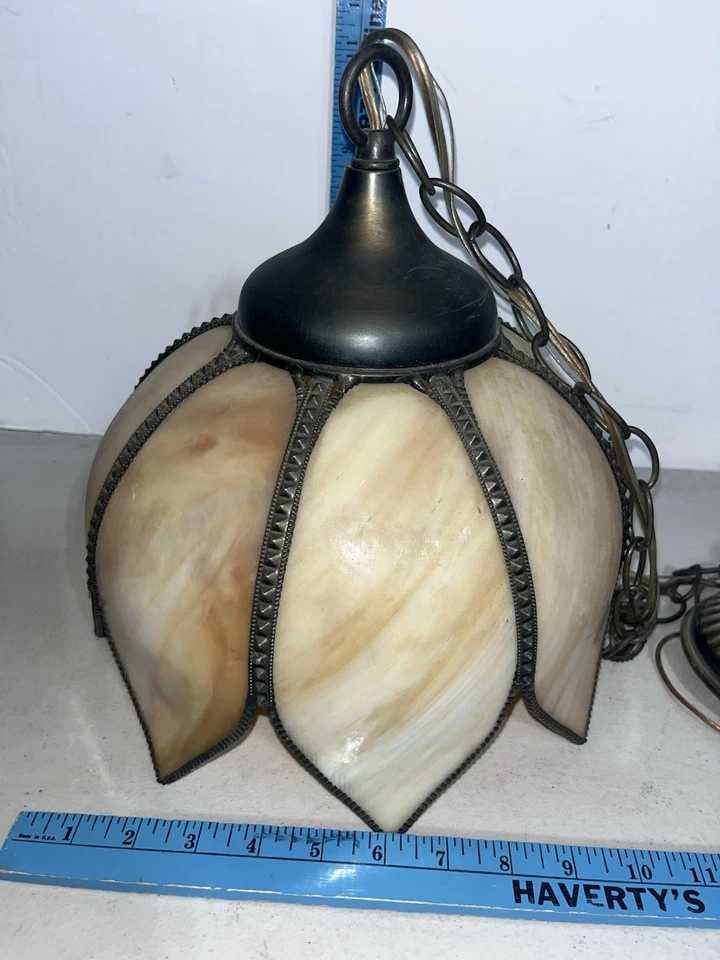 Lámpara de luz colgante vintage con pantalla de escoria de vidrio flor de tulipán de 8 paneles Foto 3 de 4