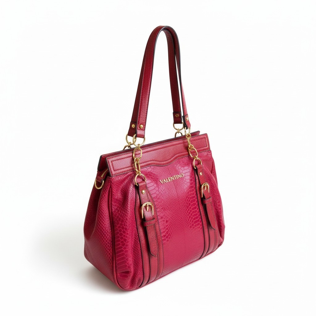 Valentino by Serendipity Red Faux Croc Satchel Shoulder Bag Gold
