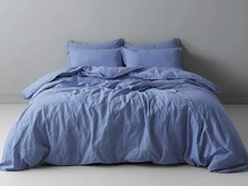 100 Organic SKY Blue Linen Duvet Cover Set: Soft Bedding with Coconut Button.