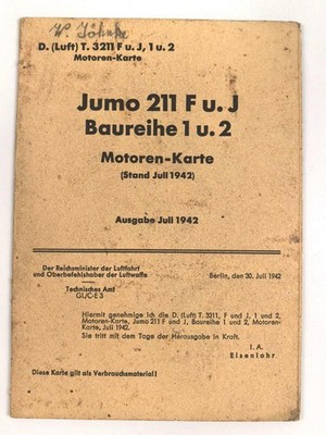 D.(Luft)T. 3211 F u. J, 1 u. 2 Motoren-Karte ''Jumo 211 F u. J Baureihen 1 u. 2'' 