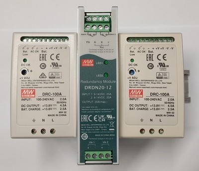 Mean Well Redundante 12V-Stromversorgung, USV: 2x DRC-100A + 1x DRDN20-12