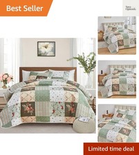 King Size Patchwork Quilt Set in Green Floral Pattern   All-Season Comfort 3 Pcs
