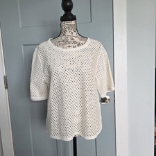 Banana Republic White Eyelet Lace Top Short Sleeve Back Zip Blouse Large