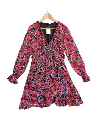 H&M Divided Damen Blumen Wickel Mini Kleid Größe UK 12 Rot Rosa Rüschen Neu mit Etikett