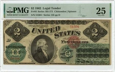 1862 $2 Legal Tender Note Series 101-171 FR#41 PMG VF25