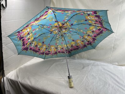 Kids Retro Blue umbrella vintage Cartoon Girl Blonde Hair Pink Dress Flowers