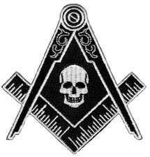 BLACK MASONIC SKULL LOGO EMBROIDERED PATCH FREEMASON SQUARE COMPASS MASON