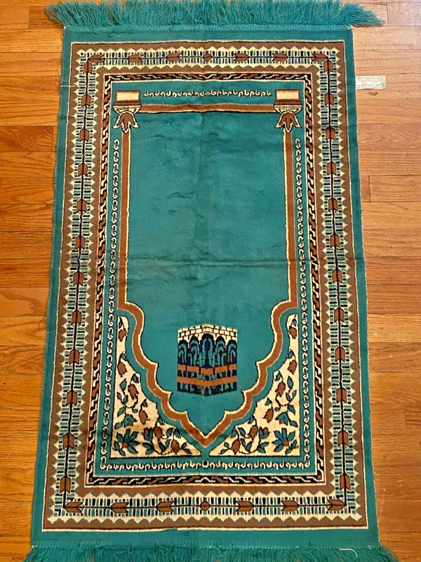 Vintage Muslim Prayer Rug, Tapestry Fringe Mosque Velvet Blue, Gold - 25” X 45”