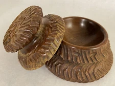 Unique Vintage Wood Carved Trinket Dish with Lid Wooden Container