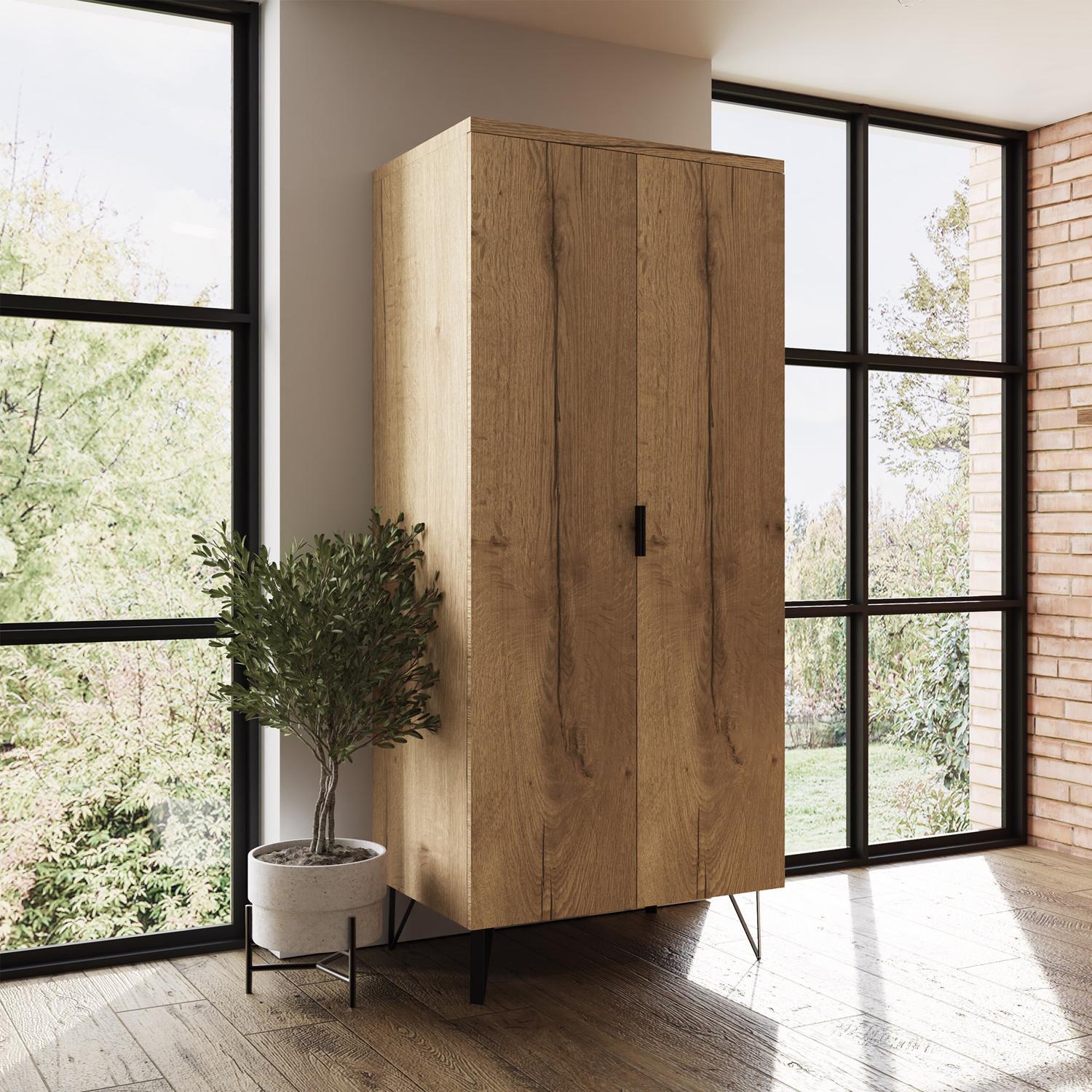 2 Door Wardrobe Modern Bedroom Furniture Black Accent Handles Cracked Oak Finish