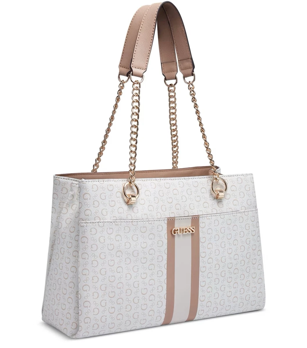 NEW GUESS Women's Logo Chain Handle Large Tote Bag Satchel Handbag - White  Multi