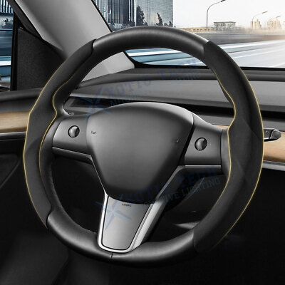 2x Black Flocking Non Slip Steering Wheel Cover for Tesla Model 3/Y 2017-2023