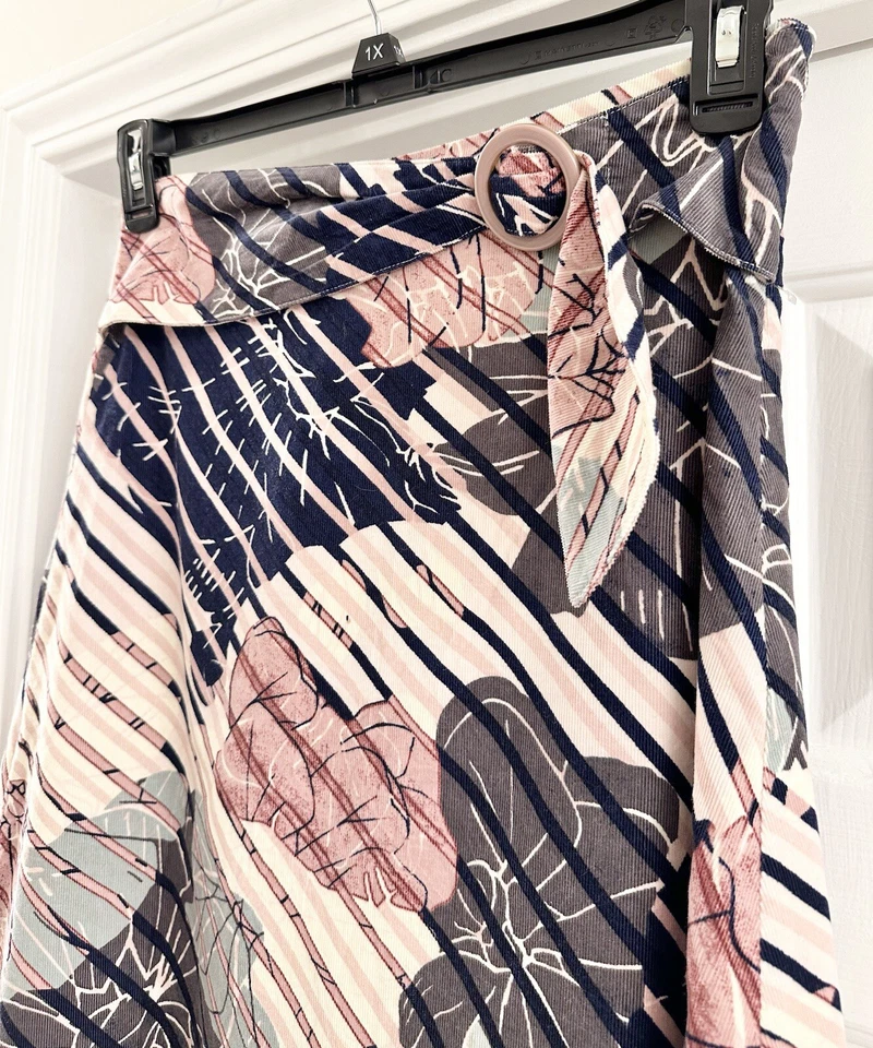 ODILLE Anthropologie A-Line Skirt SIZE 2 Floral Striped Belted Lined - Image 3 of 4