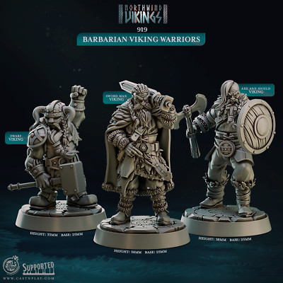 3D Printed Cast n Play Barbarian Viking Warriors Northwind Vikings 28mm 32mm D&D