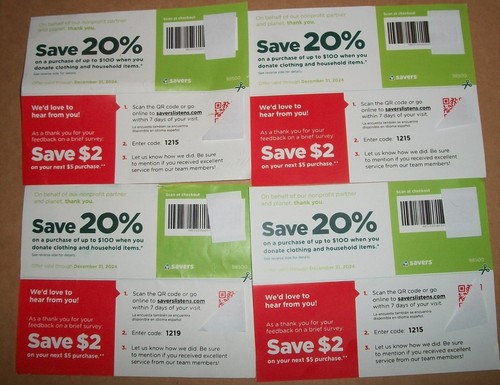 Savers Thrift store 2pc coupons 4 pk 20% off entire purchase expires on 12-31-24 | eBay