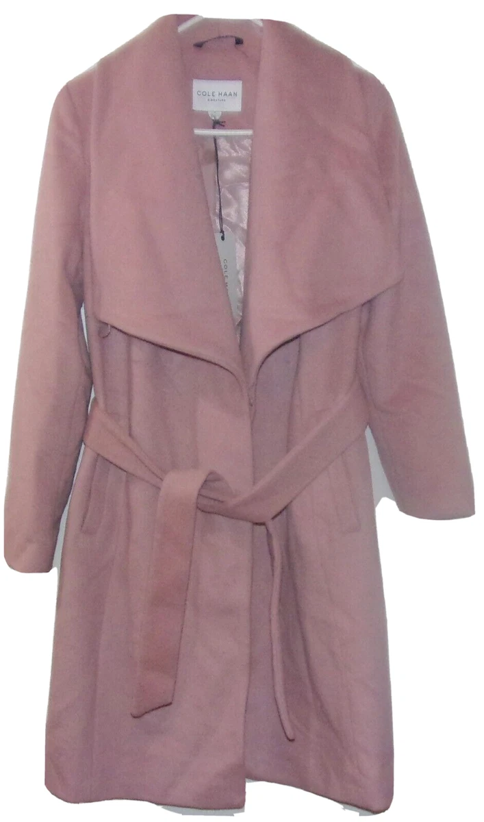 New Cole Haan Womens Dusty Rose Slick Wool Blend Belted Wrap Coat Size 2