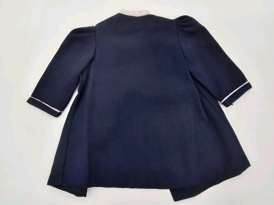 Bata de lana botánica vintage Terri Lee Fashions etiquetada azul marino con fieltro cordero 1950 Foto 2 de 4