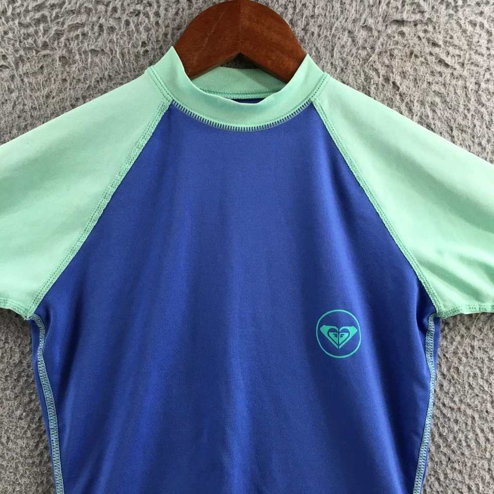 Camisa Roxy Rash Guard para mujer XS azul verde manga corta natación surf FPS elástica Foto 2 de 4