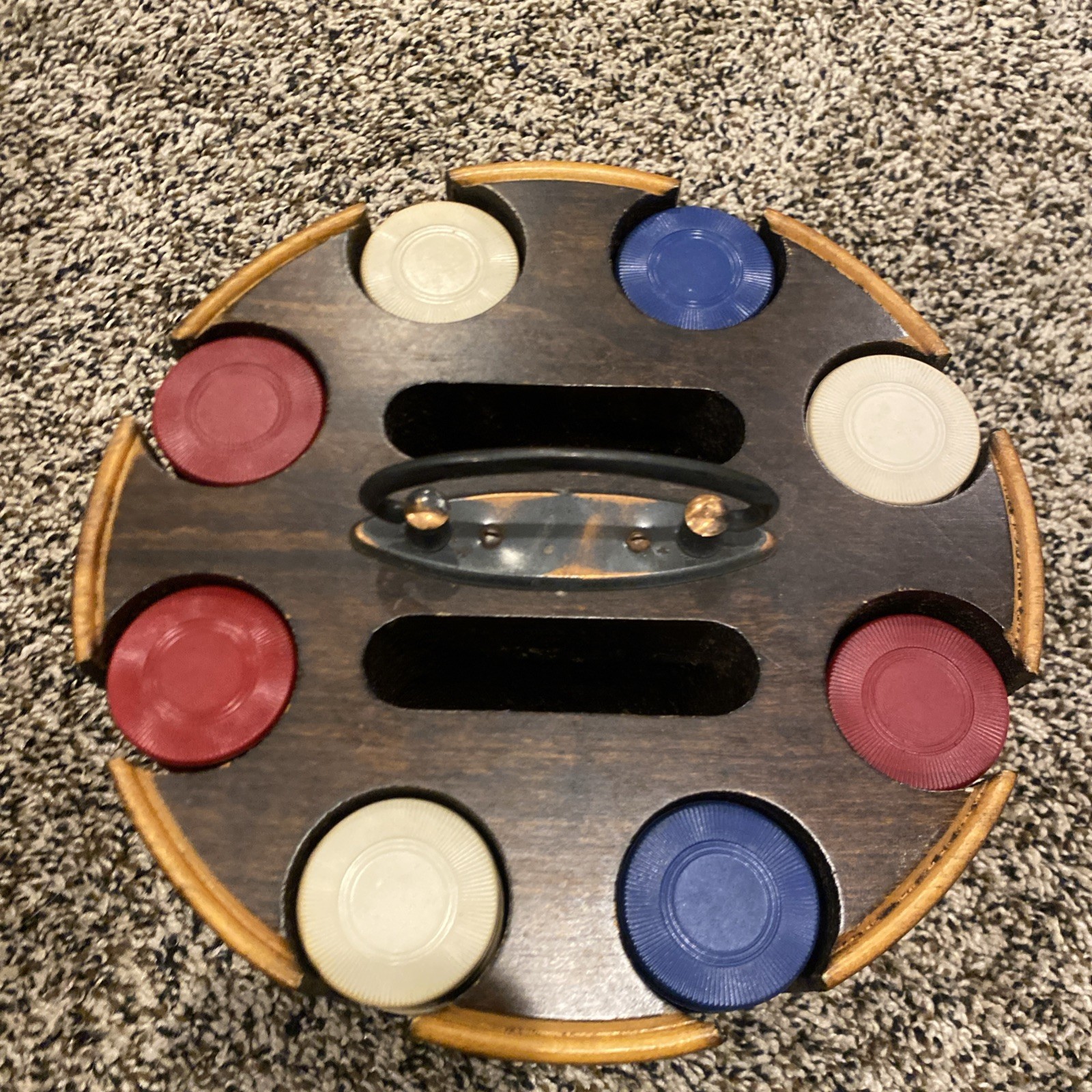 Vintage Poker Chip Set Wood Carousel Caddy Lazy Susan W Chips Card Holder Wooden