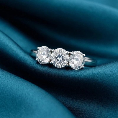 2Ct Round  Moissanite Three Stone  Engagement Promise Ring 14k White Gold Plated