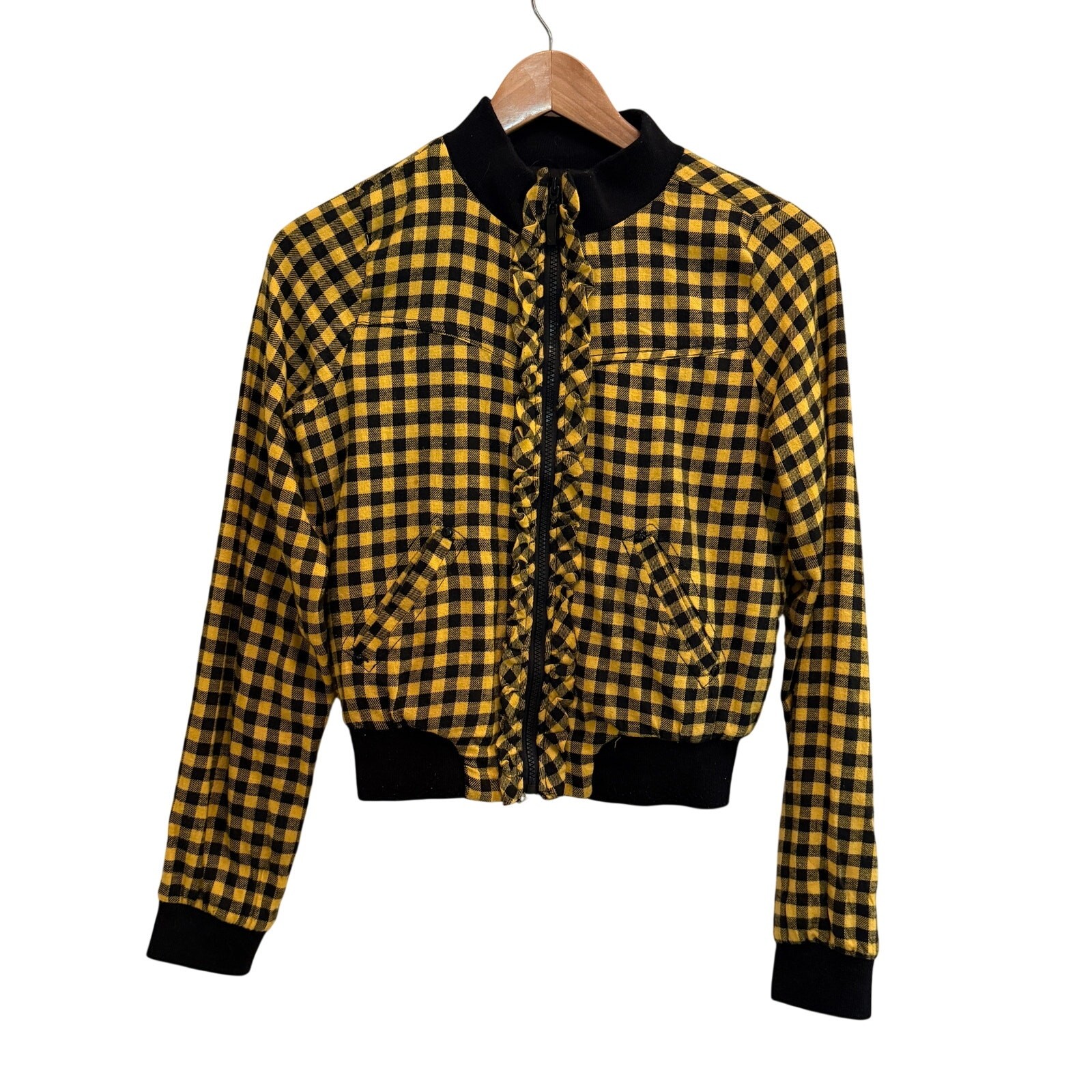 90s Clueless Inspired Jacket Womens M Yellow & Black Checkered Bomber Retro Y2K