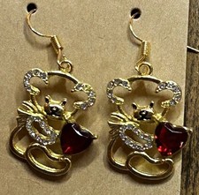 Gold Hollow Bear Drop Earrings With Crystal Ears And Red Crystal Heart Love