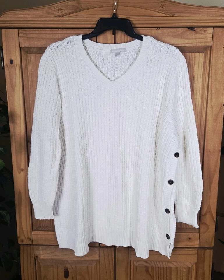 Suéter Woman Within Talla Grande 2X 26/28 (3X?) Cable marfil crema con detalle de botón Foto 2 de 4