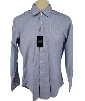 T.M. Lewin Fitted Dress Shirt 15 34 Micro Check Two-Fold Cotton Blue White