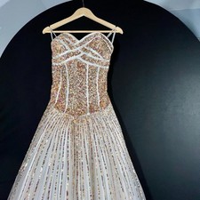 Terani Long Formal Prom Pageant Dress Strapless Ball Gown Metallic White Golds