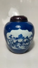 Antique Chinese Blue and White Porcelain Jar With carved Wooden cover