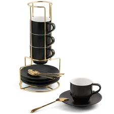 Set of 4 3-Ounce Stackable Espresso Cups with Saucers Spoons Metal Stand