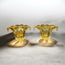 2 Amber pressed glass vases with scalloped rim and ribbed tulip design