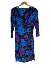 Lauren Ralph Lauren Dark Purple Blue Floral Ruched Stretch Cocktail Dress Size 4