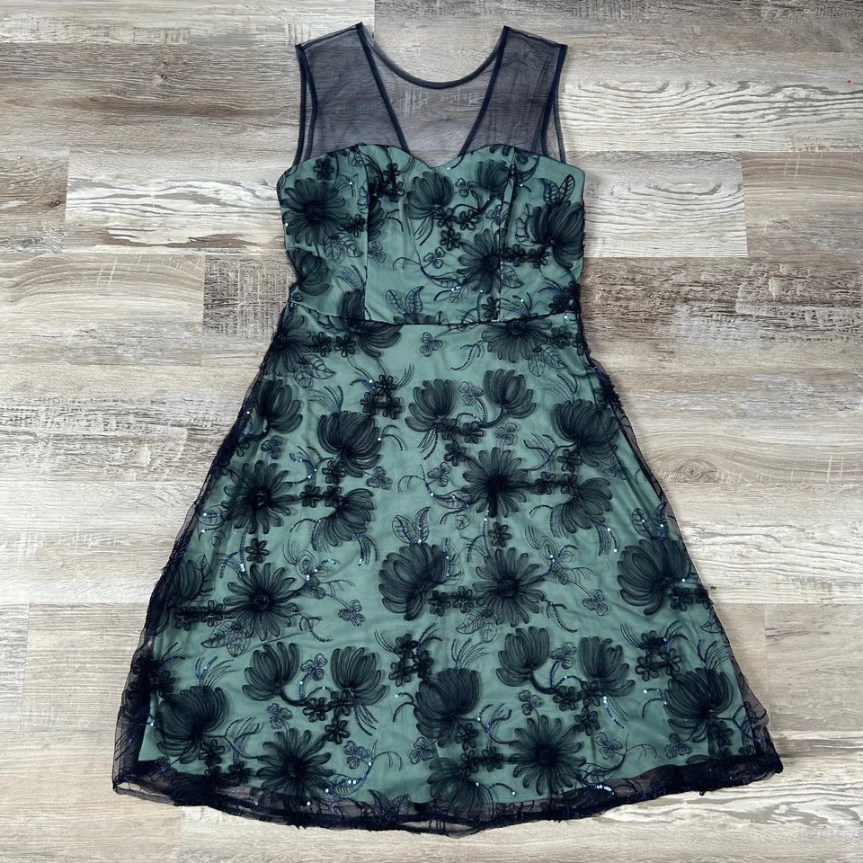 JS Collections Navy Blue Mesh Floral Midi Dress Illusion Cocktail Size 8 - Image 3 of 4