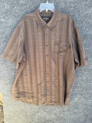 Hard Rock Cafe Shirt Mens 2XL Brown Short Sleeve Button Up Honolulu Rayon Plaid