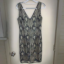 Scala Black Sequin Beaded Embellished V Neck Sleeveless Sheath Cocktail Dress