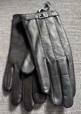 Womens Black Leather Poly Blend Driving Dress Gloves Buckle Top Winter Medium