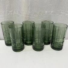 Vintage Anchor Hocking Tartan Plaid Green 6" Tumbler Glasses 16 Oz USA (6)