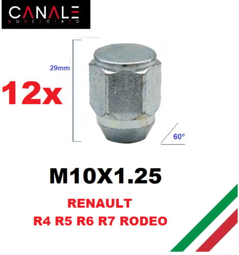 kit 12 M10X1,25 DADI RUOTA CERCHI FERRO LEGA RENAULT R4 R5 R6 R7 RODEO 4 5 6 7 - Afbeelding 1 van 3