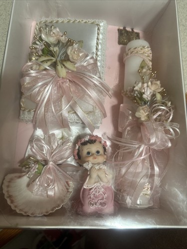 Pink White Angel Baptism Candle Set Kit for Christening Girl sheep Shell Spanish - Picture 11 of 11