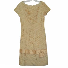 Vintage Yellow Lace Dress w/ Satin Trim Bow 1950s Party Prom Costume S/M