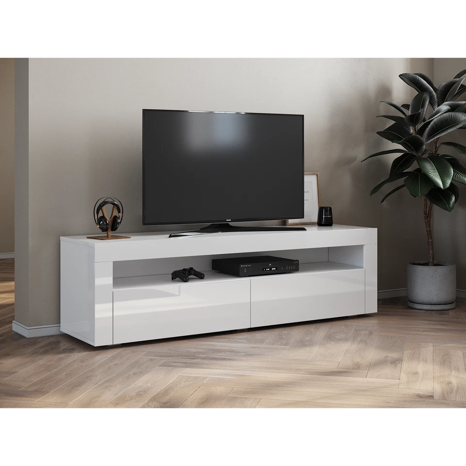 TV Schrank TV Lowboard Wand Fernsehstand LED Beleuchtung Weiß Hochglanz Anrichte - Bild 2 von 4